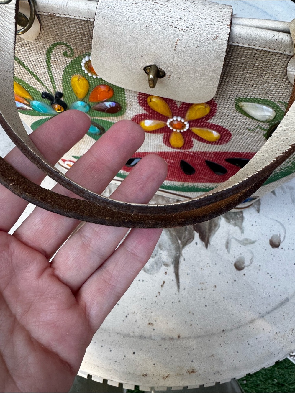 Vintage Enid Collins hand painted tote bag with watermelon and butterflies - Picture 5 of 9